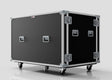 Washing Machine And Tumble Dryer Case in black and silver with metal edges, four handles, metal latches, and caster wheels; external dimensions: 1512 x 1062 x 1067 mm; shown on a plain light background.