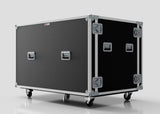 Washing Machine And Tumble Dryer Case in black and silver with metal edges, four handles, metal latches, and caster wheels; external dimensions: 1512 x 1062 x 1067 mm; shown on a plain light background.