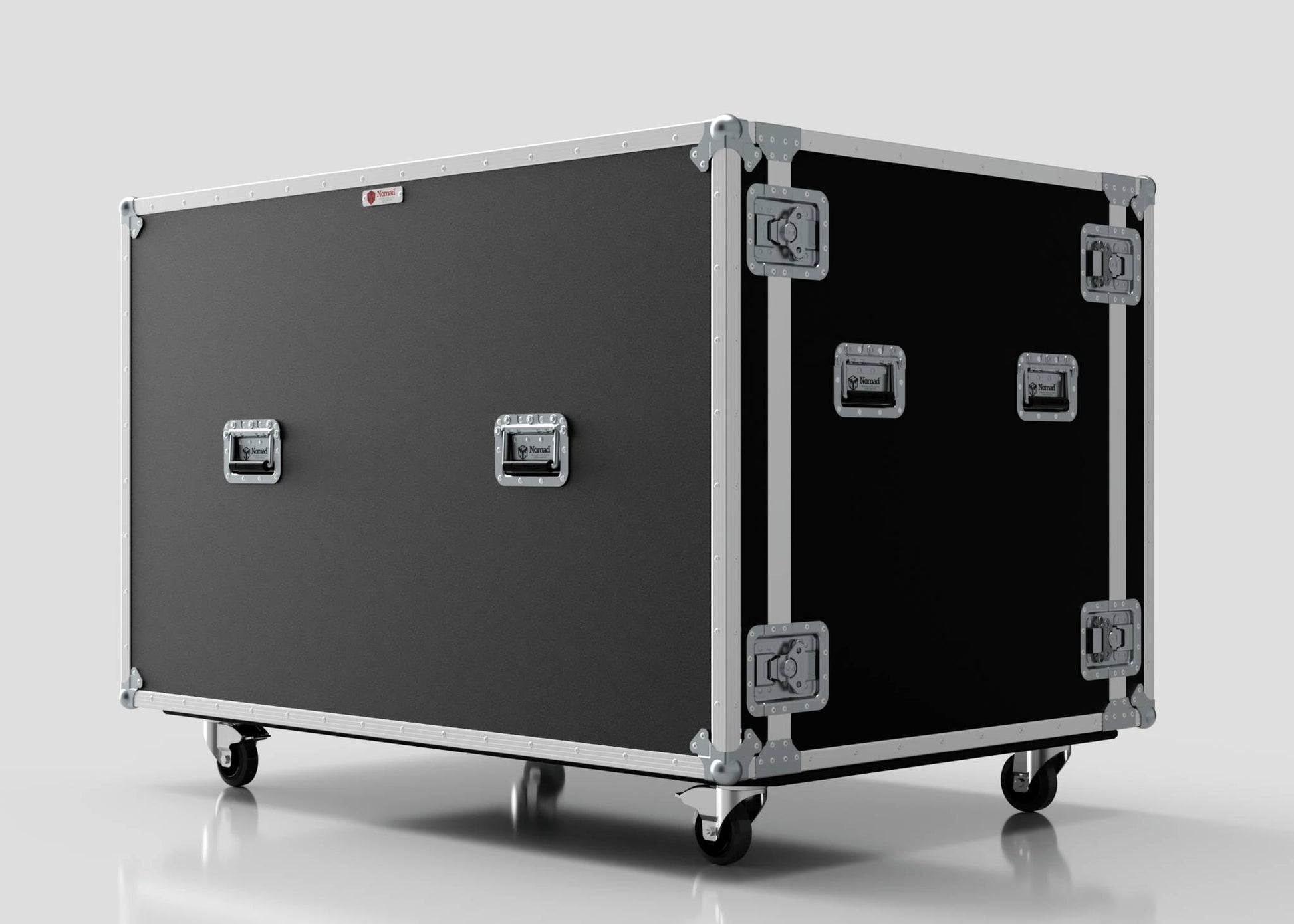 Washing Machine And Tumble Dryer Case in black and silver with metal edges, four handles, metal latches, and caster wheels; external dimensions: 1512 x 1062 x 1067 mm; shown on a plain light background.