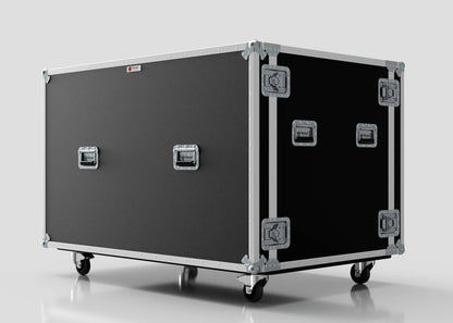 Washing Machine And Tumble Dryer Case in black and silver with metal edges, four handles, metal latches, and caster wheels; external dimensions: 1512 x 1062 x 1067 mm; shown on a plain light background.