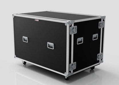 The Washing Machine And Tumble Dryer Case is a large black road case with metal edges, handles, latches, and wheels for transporting equipment. Its external dimensions are 1512 x 1062 x 1067 mm.