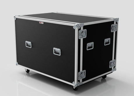The Washing Machine And Tumble Dryer Case is a large black road case with metal edges, handles, latches, and wheels for transporting equipment. Its external dimensions are 1512 x 1062 x 1067 mm.