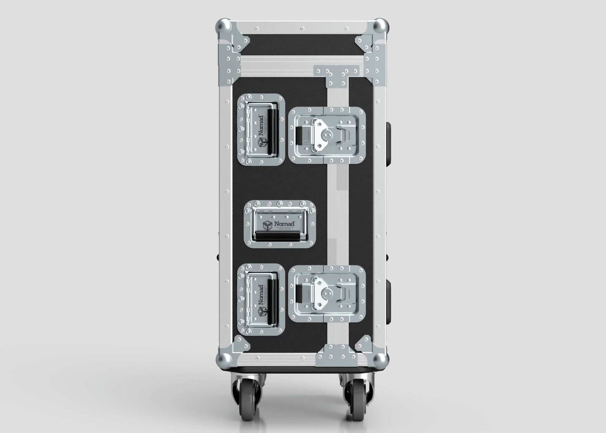 A Yamaha DM7 Compact Case in black and silver, featuring four metal latches, reinforced corners, and four caster wheels, stands upright against a plain gray background.