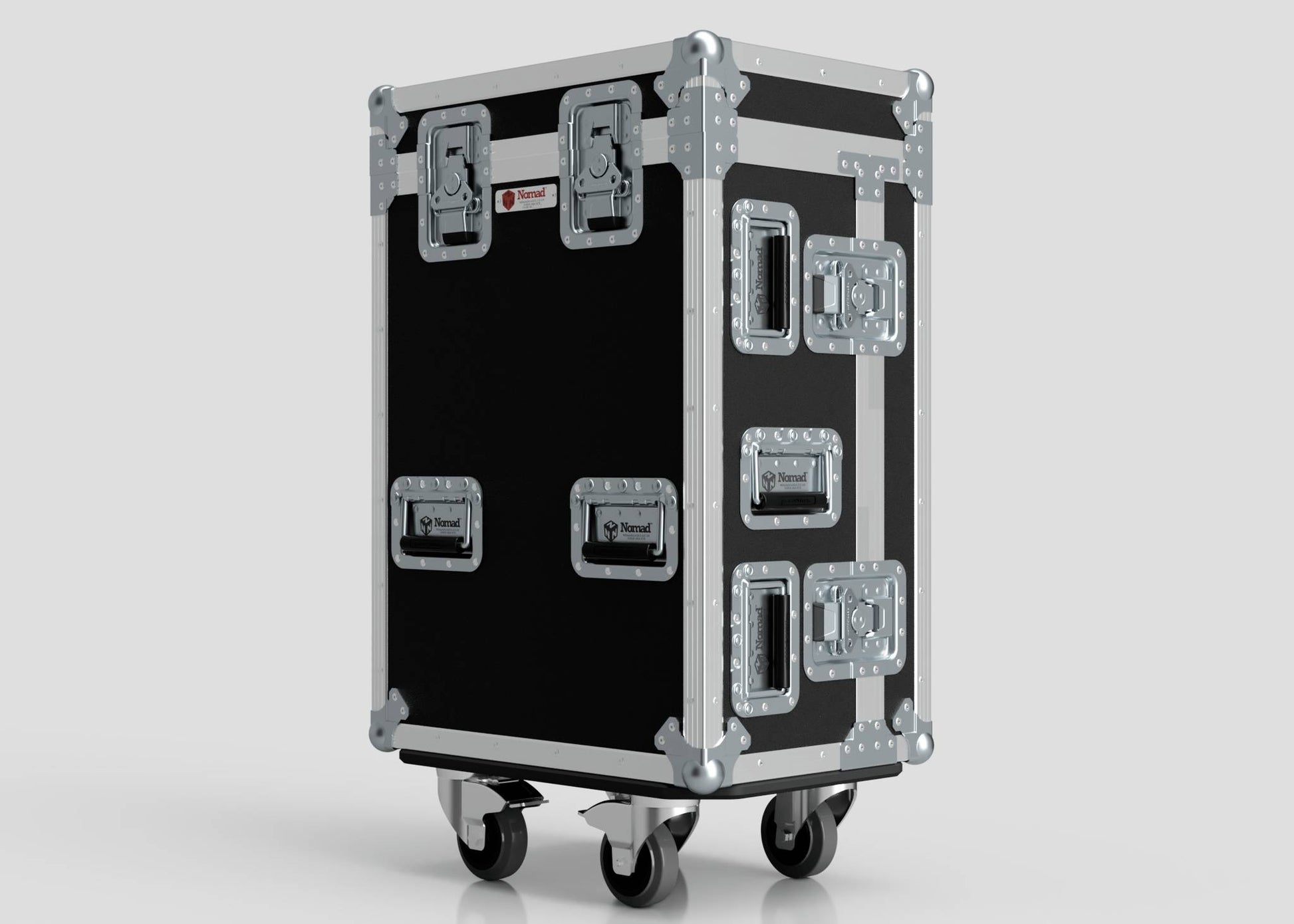 The Yamaha DM7 Compact Case, in black and silver with metal reinforcements and handles, stands upright on four caster wheels against a plain background.