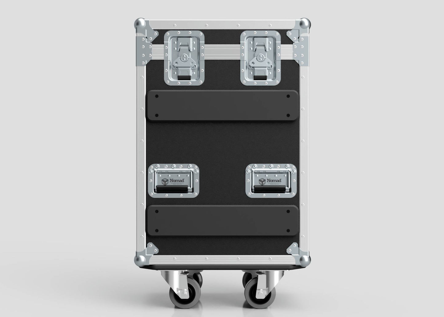 A Yamaha DM7 Compact Case in black and silver, featuring metal corner protectors, two top latches, two lower handles, and a smooth flat front.