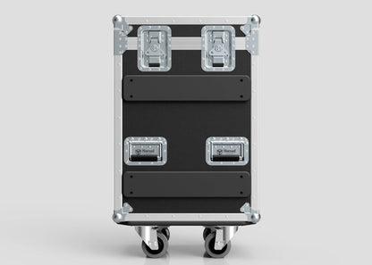 A Yamaha DM7 Compact Case in black and silver, featuring metal corner protectors, two top latches, two lower handles, and a smooth flat front.