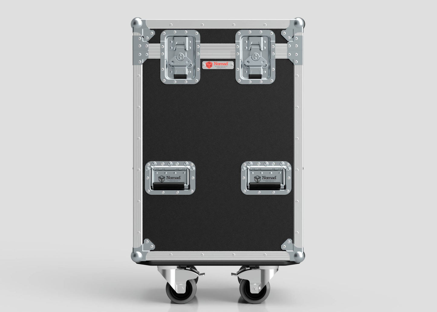 The Yamaha DM7 Compact Case is a large black flight case with metal reinforcements, two top latches, two front handles, and four caster wheels on the bottom, shown against a plain background.