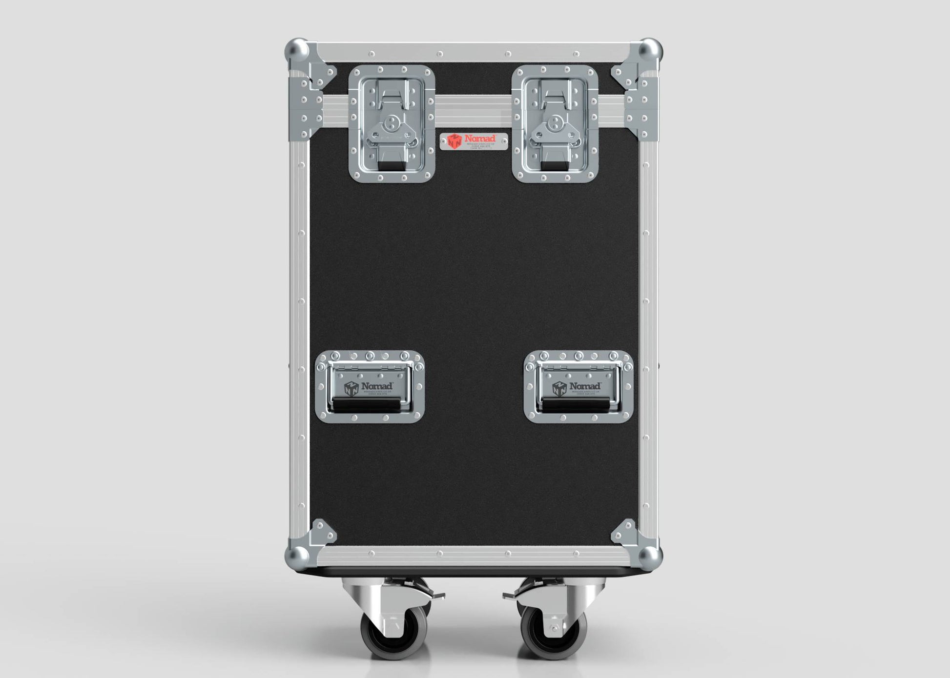 The Yamaha DM7 Compact Case is a large black flight case with metal reinforcements, two top latches, two front handles, and four caster wheels on the bottom, shown against a plain background.