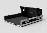 A Yamaha DM7 Compact Case in black and silver, featuring a hard shell, open hinged lid, foam interior, and metal-reinforced edges and latches.