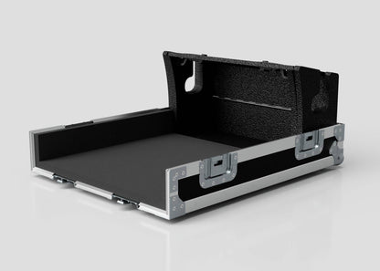 A Yamaha DM7 Compact Case in black and silver, featuring a hard shell, open hinged lid, foam interior, and metal-reinforced edges and latches.