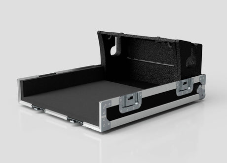 A Yamaha DM7 Compact Case in black and silver, featuring a hard shell, open hinged lid, foam interior, and metal-reinforced edges and latches.