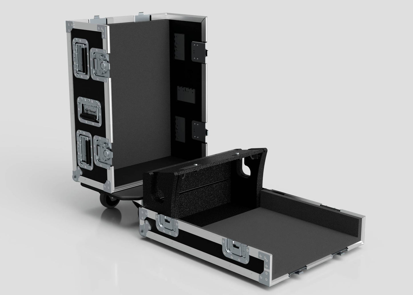 Two black and silver Yamaha DM7 Compact Cases with metal edges and latches, one standing upright and one open flat, are displayed on a light gray background.