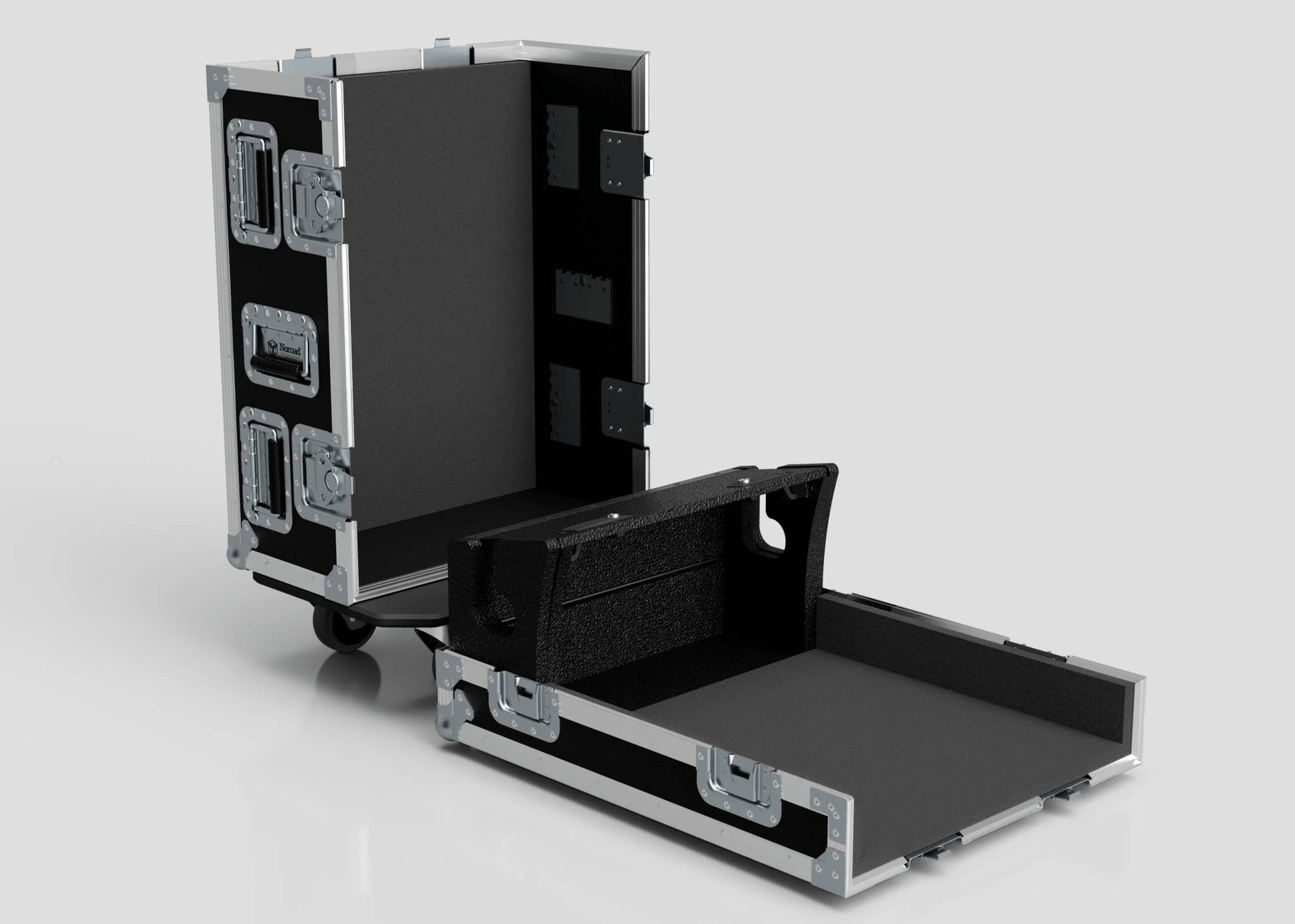 Two black and silver Yamaha DM7 Compact Cases with metal edges and latches, one standing upright and one open flat, are displayed on a light gray background.