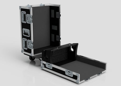Two black and silver Yamaha DM7 Compact Cases with metal edges and latches, one standing upright and one open flat, are displayed on a light gray background.