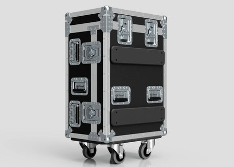 The Yamaha DM7 Compact Case is a black and silver Nomad flight case with metal edges, corner protectors, multiple latches, and four caster wheels—perfect for safely transporting your equipment.