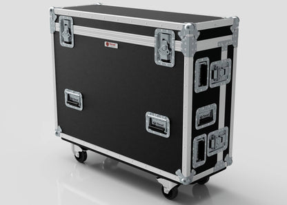 The Yamaha DM7 Case is a large black birch panel flight case with metal edges, multiple handles, secure latches, and four caster wheels, designed for transporting gear.