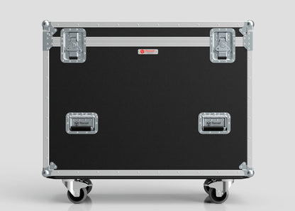 The Yamaha DM7 Case, in black and silver with metal corners, latches, handles, and four caster wheels, is displayed against a plain light background.