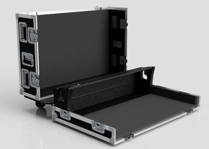 A black Yamaha DM7 Case with metal edges and handles is shown open on a light gray background, displaying its spacious interior and detachable lid.