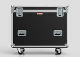 The Yamaha DM7-EX Compact Flight Case, a heavy-duty black and silver 3-part touring case with metal corners, latches, handles, and four caster wheels, stands against a plain background.