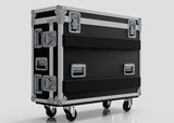 The Yamaha DM7-EX Compact Flight Case | Heavy-Duty 3-Part Touring Case features a black and silver hard shell with metal reinforcements, handles, latches, and four caster wheels—ideal for safely touring professional audio equipment.