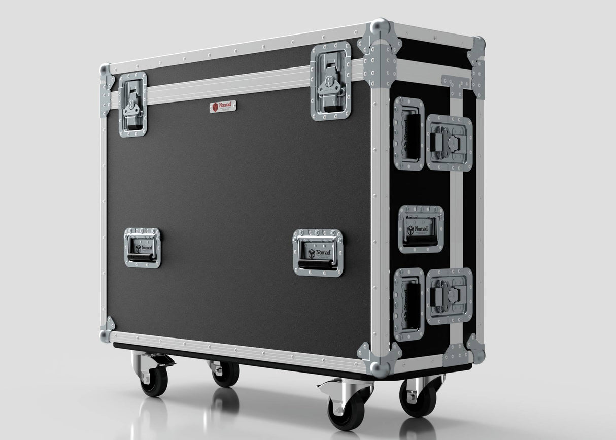 The Yamaha DM7-EX Compact Flight Case is a heavy-duty 3-part touring case with wheels, metal reinforced corners, multiple handles, and latches for securely transporting professional audio equipment.