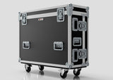 The Yamaha DM7-EX Compact Flight Case is a heavy-duty 3-part touring case with wheels, metal reinforced corners, multiple handles, and latches for securely transporting professional audio equipment.