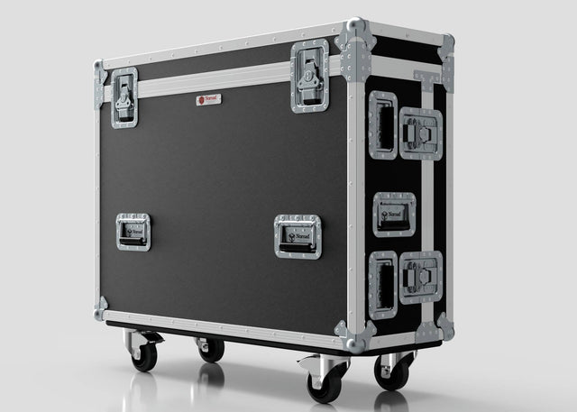 The Yamaha DM7-EX Compact Flight Case is a heavy-duty 3-part touring case with wheels, metal reinforced corners, multiple handles, and latches for securely transporting professional audio equipment.