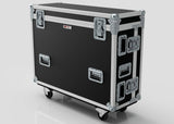 The Yamaha DM7-EX Compact Flight Case is a heavy-duty, 3-part touring case with a black rectangular design, metal reinforcements, handles, corner protectors, and four caster wheels—ideal for professional audio touring.