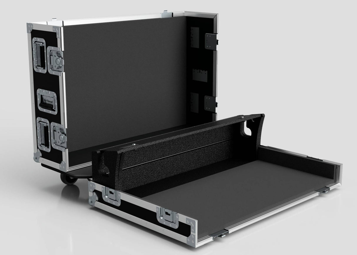 The Yamaha DM7-EX Compact Flight Case | Heavy-Duty 3-Part Touring Case, shown open with metal edges and latches, features a padded interior and detachable front panel—perfect for safe gear transport.