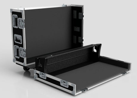 The Yamaha DM7-EX Compact Flight Case | Heavy-Duty 3-Part Touring Case, shown open with metal edges and latches, features a padded interior and detachable front panel—perfect for safe gear transport.