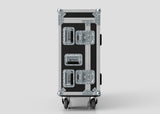 The Yamaha DM7-EX Compact Flight Case | Heavy-Duty 3-Part Touring Case, in black and silver with metal reinforcements, four latches, side handles, and wheels, stands upright—ideal touring protection for professional gear.